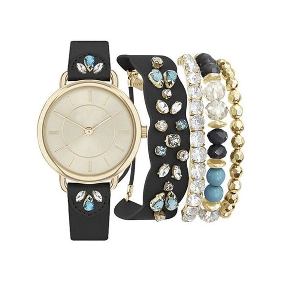 Jessica Carlyle Analog Black Jeweled Strap Watch 34mm w/ Matching Bracelets Set - Picture 1 of 5